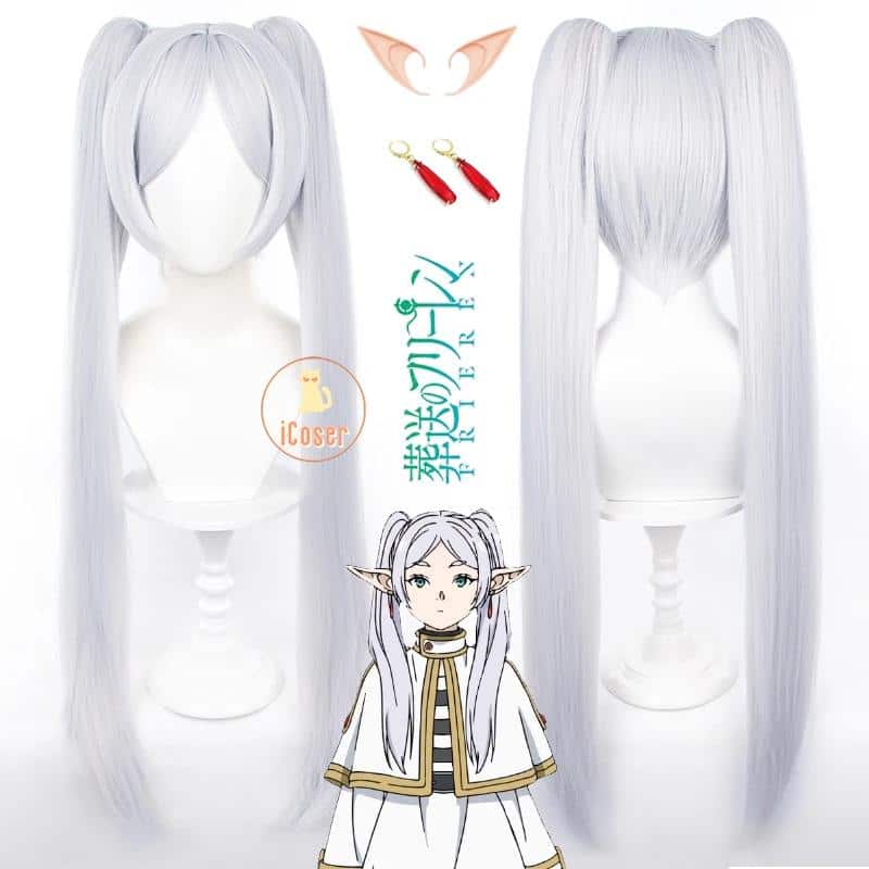 Wig Commision Perücken Styling Service Frieren Cosplay Wig Perücke Anime Frieren Beyond Journey's End Gray Blue Double Ponytail Long Hair Ears Earrings Damen 2 1135104268